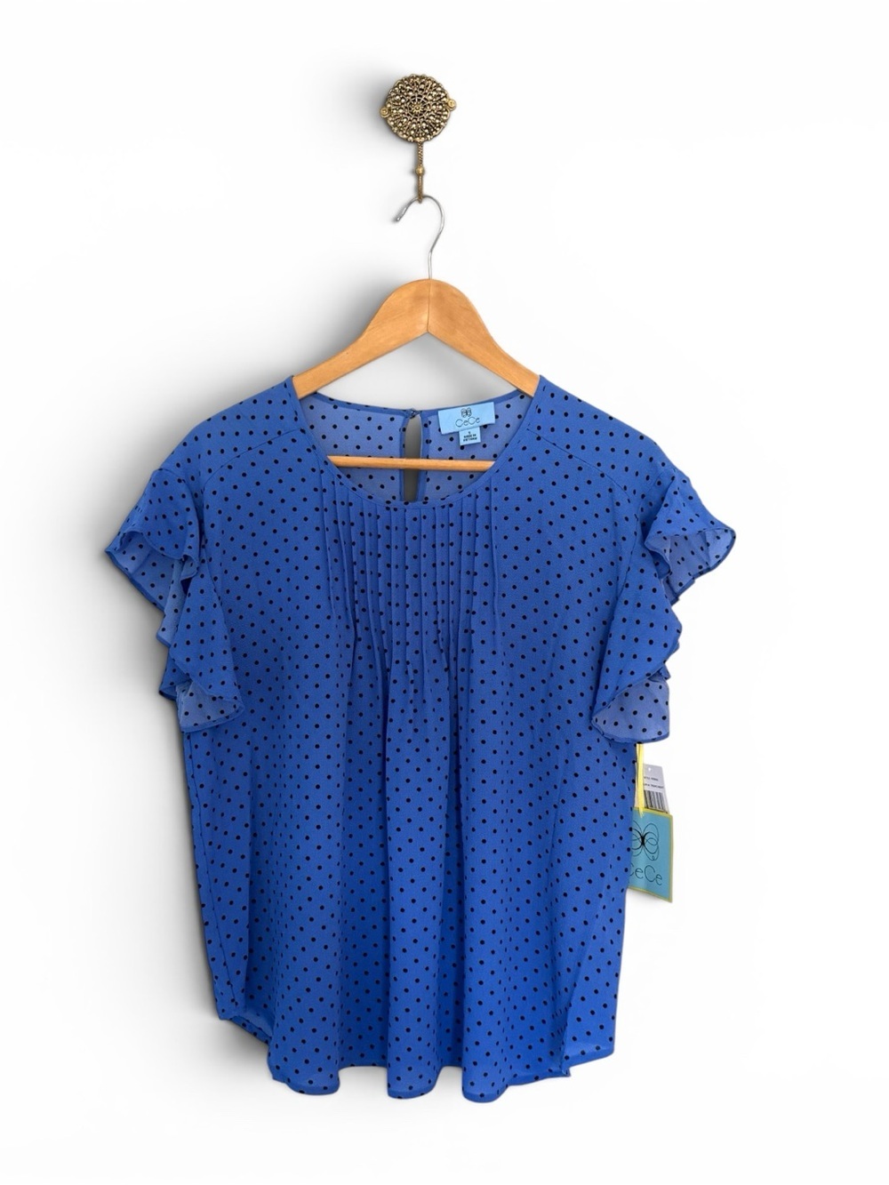 CeCe Royal Blue Polka Dot Pintuck Ruffle Blouse